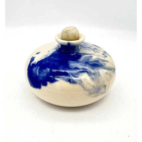 Art Pottery Bud Vase Oil Lamp Weed Pot Blue White Artist Signed R A Ceramic - Picture 2 of 8